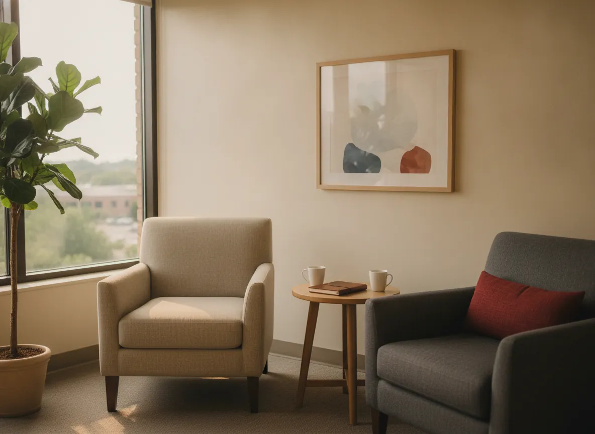 Illustrative image of a quiet consultation room with two armchairs and coffee cups