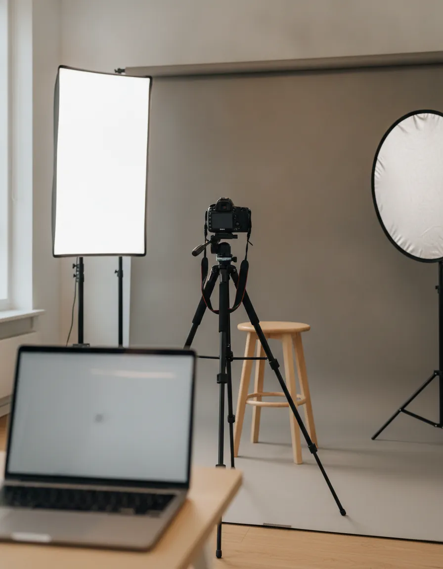 Illustrative image of a small portrait studio with a camera, softbox light and empty stool