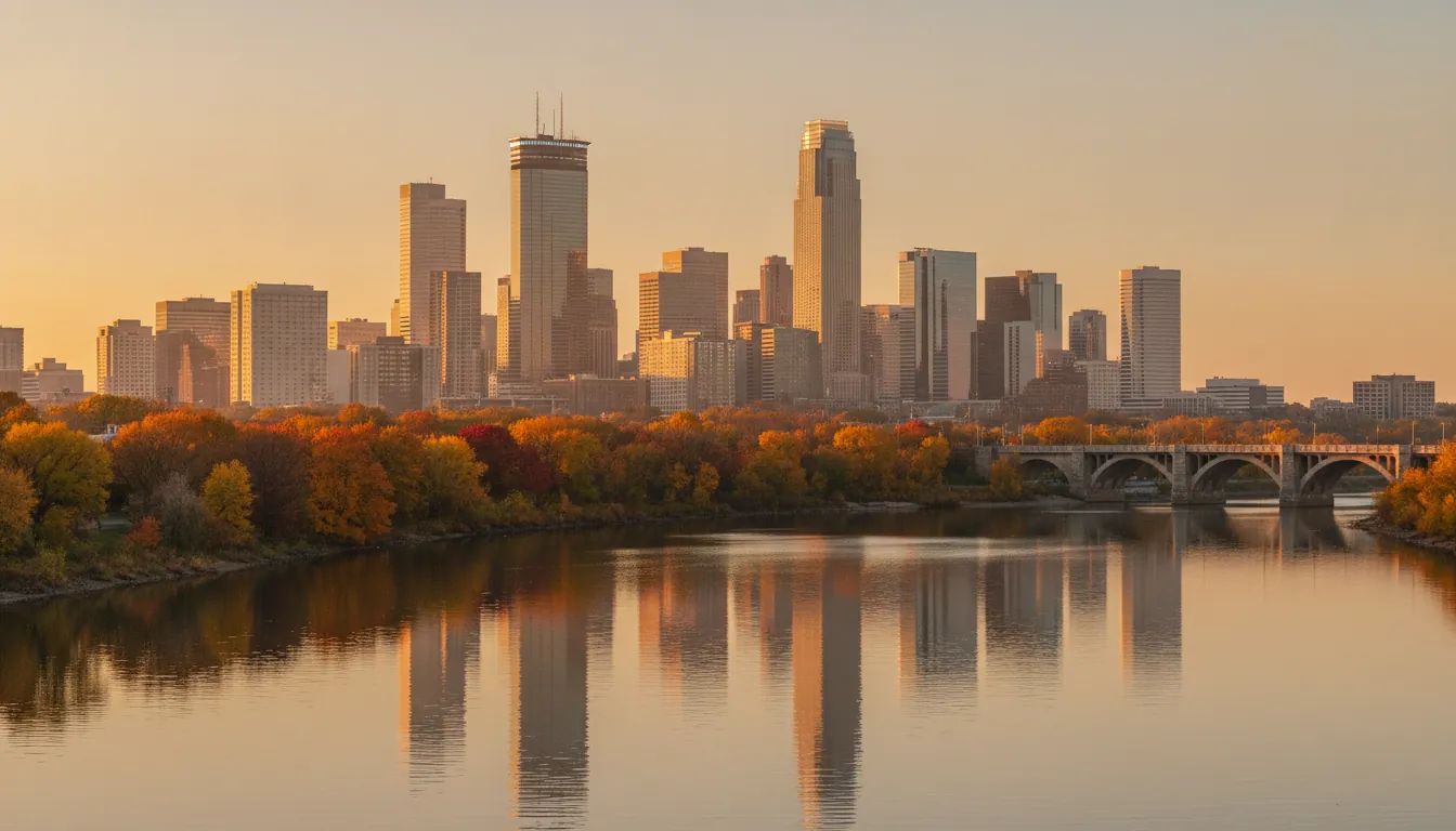 Illustrative image of the Minneapolis skyline above the Mississippi River in autumn
